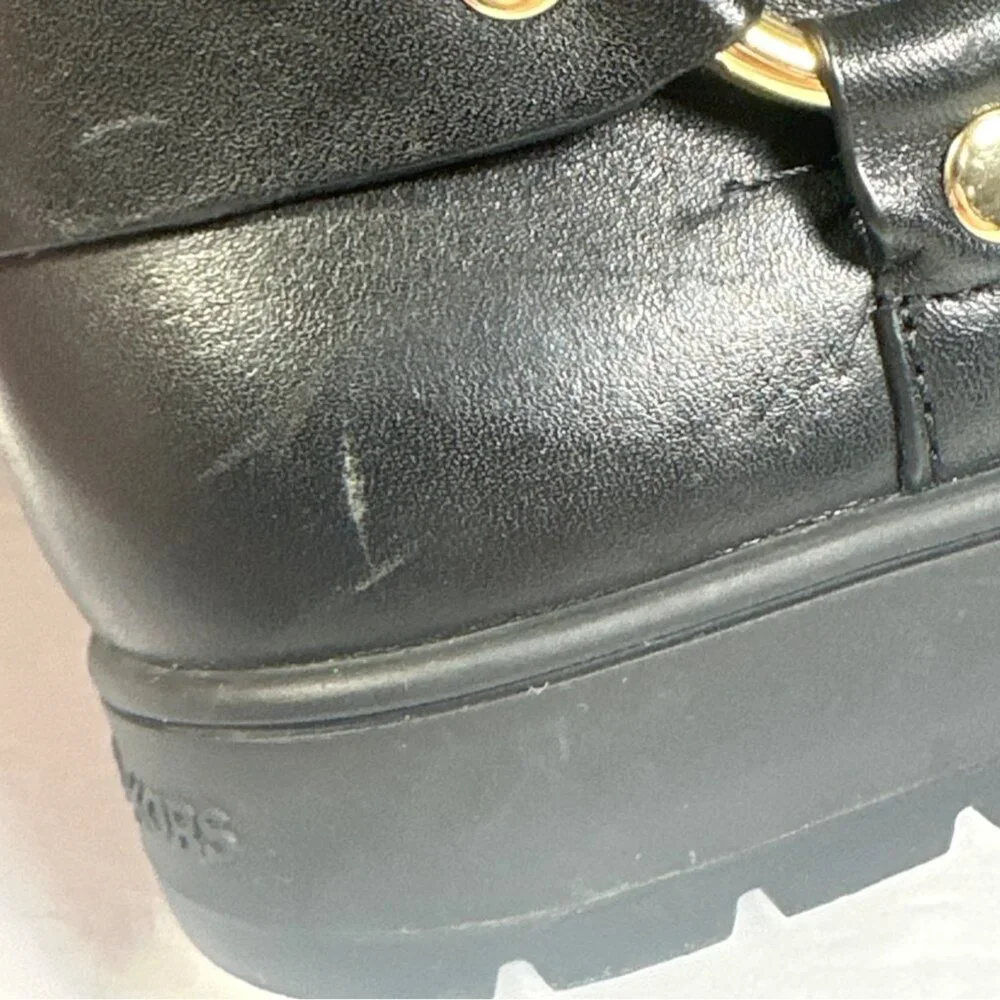 MICHAEL KORS ESSEX ICONIC BLACK GOLD LOGO MOTO BIKER BOOTS Size 7M - Picture 8 of 12